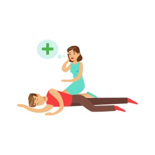 Woman calling by mobile for help to young unconscious man vector Illustration
